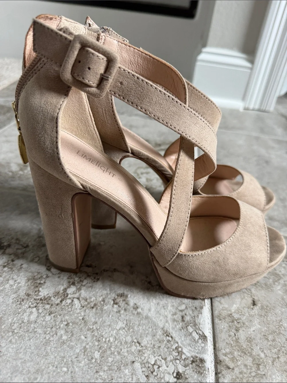 Limelight Nude Suede Crisscross Block Heel Sandals